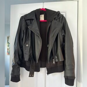 Free People We the Free Black Vegan Leather Jacket Layered with Hoodie Size S